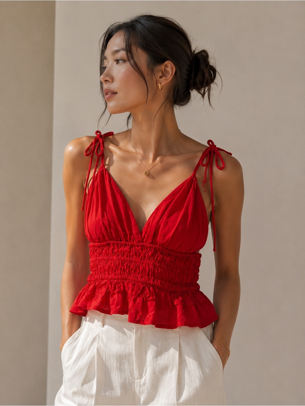 Red Tie-Strap Smocked Peplum V-Neck Tank Top